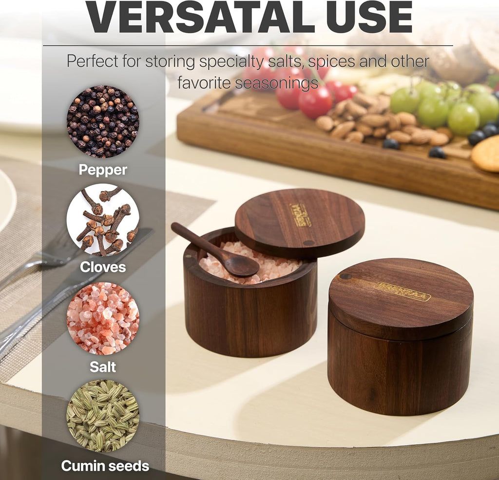 Natural Wood Salt Cellar Salt Box with Magnetic Lid & Spoon, 6 Oz