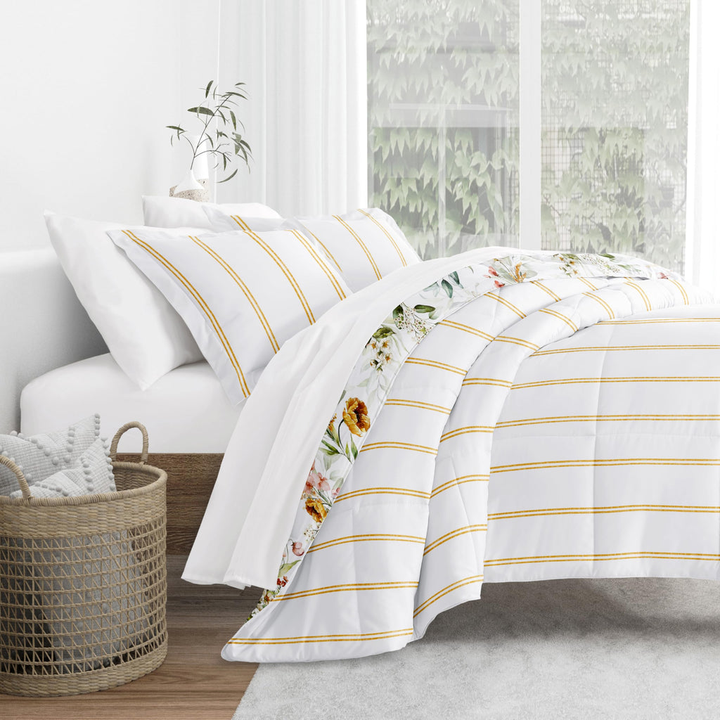 Comforter Set Patterned Microfiber All Season Down-Alternative Ultra Soft Bedding in Chintz Floral Stripe