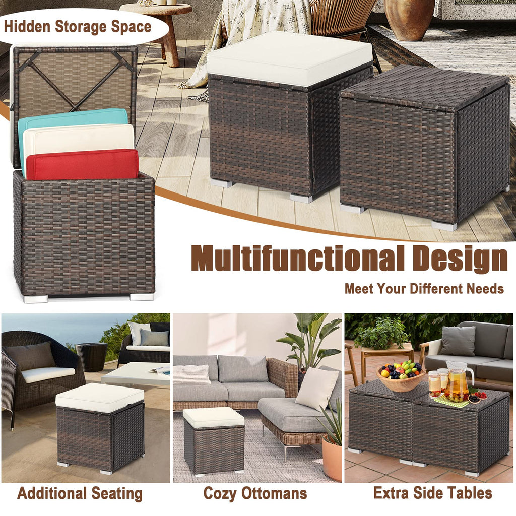 Patio Wicker Ottoman Set of 2, Multipurpose Outdoor Footstool w/Removable Cushions, Rattan Side Table w/Storage