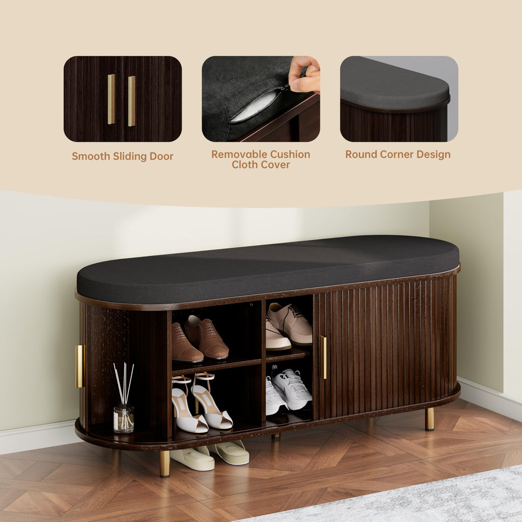 2-Tier Storage Bench, Wide Shoe Bench with Thickened Padded Seat Cushion, Mid Century Modern Fluted Sliding Door and