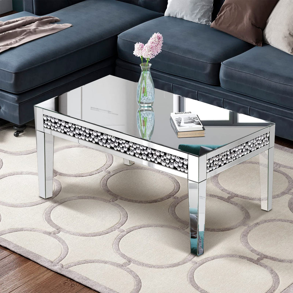 Rectangle Mirrored Coffee Table, Silver Living Room Table with Cryatal Diamond Inlay, Modern Luxury Mirrored