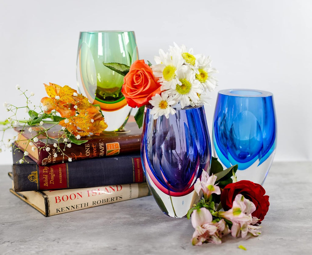 Azure Murano-Style Art Glass Flower Vase Centerpiece, 6 Inch