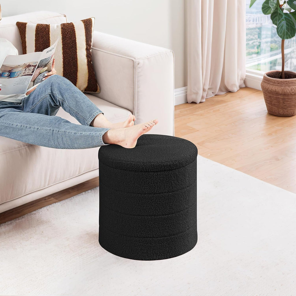 Round Storage Ottoman Foot Rest Stool with Tray Velvet Sherpa Folding Storage Ottoman,Boucle Foot Rest ,Black Color