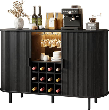 55" Wine Bar Cabinet with LED Light & Power Outlet, Black | Modern Flute Liquor Coffee Station with Wine Rack, Glass