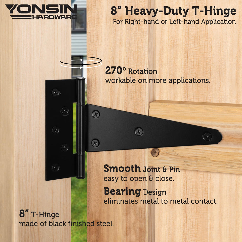 8" T-Strap Shed Door Hinges 4Pcs Switch Silently, Heavy Duty Black Tee Hings for Wooden Fence Gate, Outdoor T Hinges