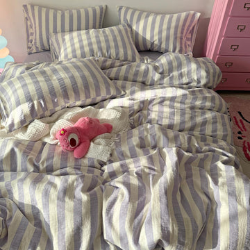 Retro Striped Duvet Cover Queen Size Cotton Crinkled Gauze Bedding Set 3PCS