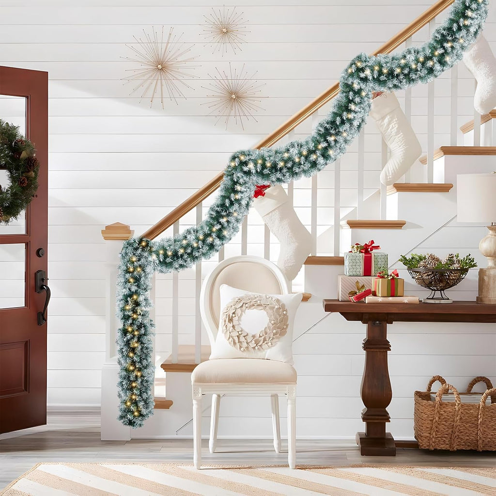 Christmas Garland with Light, 18 FT Chrismas Garland with 100 Lights and 520 Frosted Tips for Mantle, Staircase