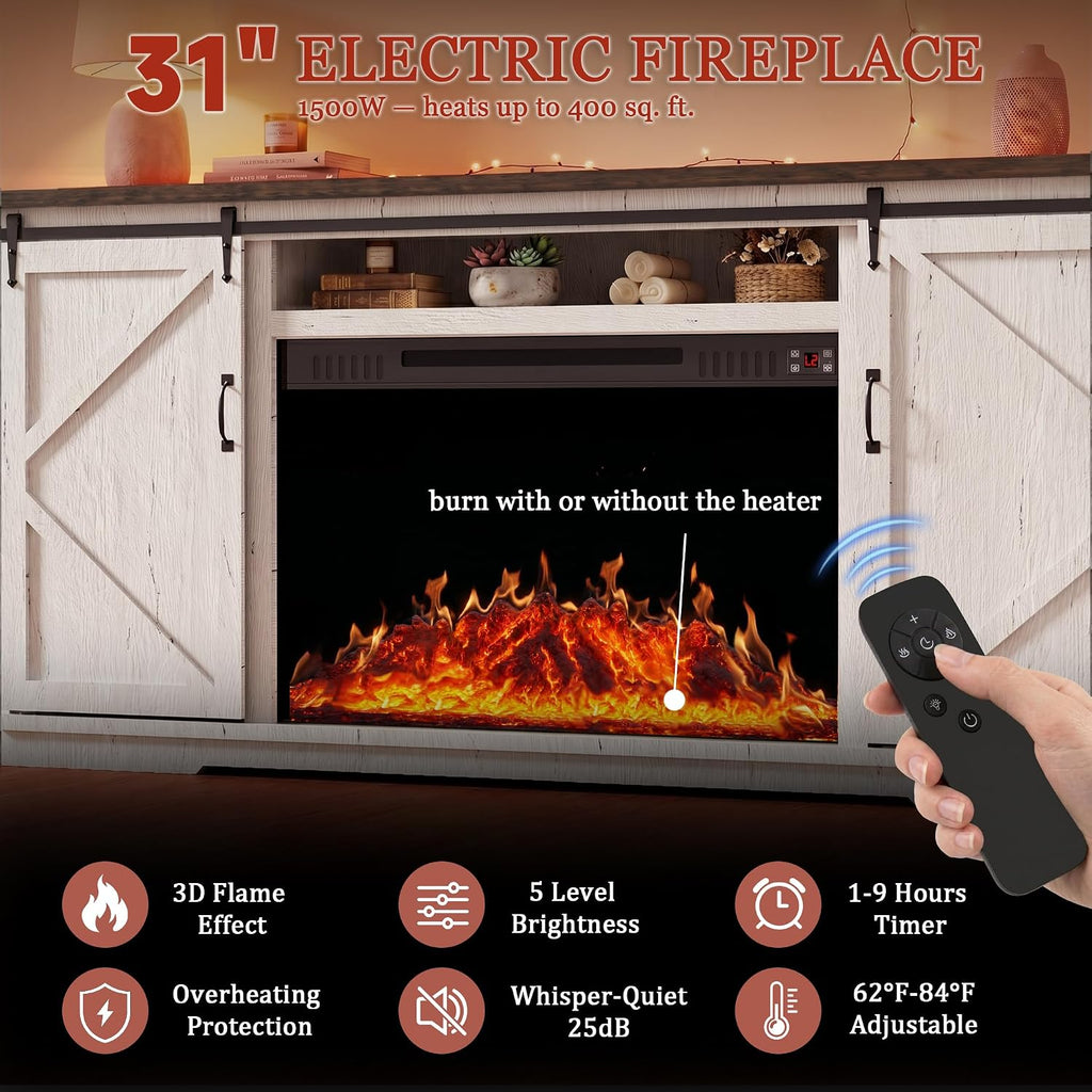 70'' Fireplace TV Stand for 85 Inch TV, 36" Tall Farmhouse Entertainment Center with Electric Fireplace, Rustic Media