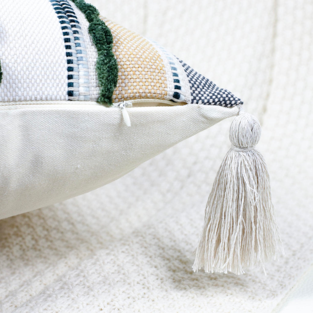Chenille Farmhouse Throw Pillow Covers 16 x 16 Dark Green, Neutral Boucle Couch Pillow Cover, Striped Decorative Boho