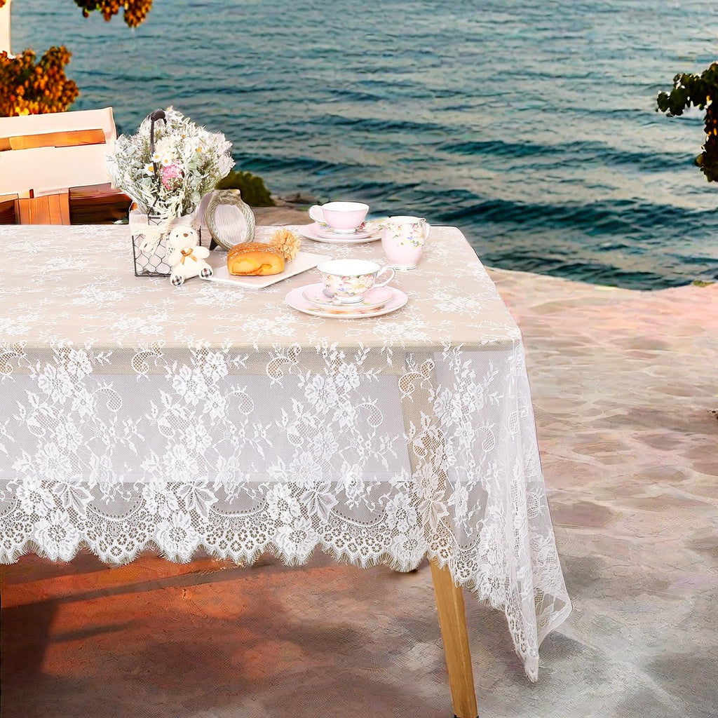 Lace Tablecloth Rectangular 2 Pieces 60 x 120 Inch White Wedding Overlay