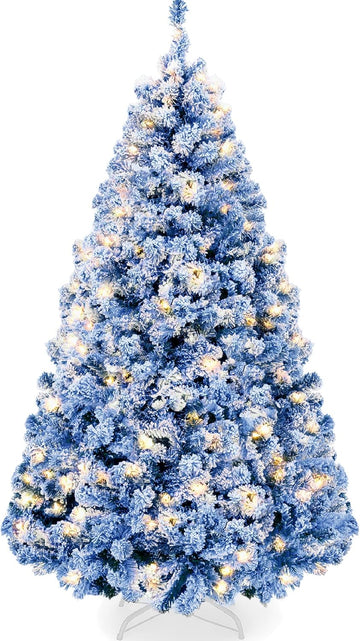 Pre-Lit Blue Christmas Tree, Artificial Flocked Full Fir Tree, Holiday Decoration w/ 900 Lights, 2,094 Branch Tips