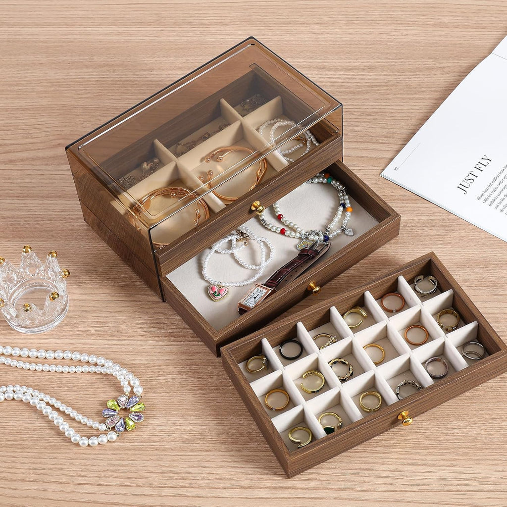 3 Layer Wooden Drawers Jewelry Box Vintage Style Jewelry Organizer with Acrylic Cover, Jewelry Storage Display Box