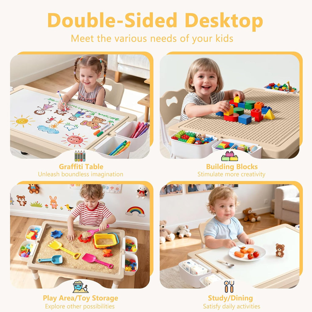 Kids Table & 2 Chairs Set, Adjustable Heights, Storage, Khaki