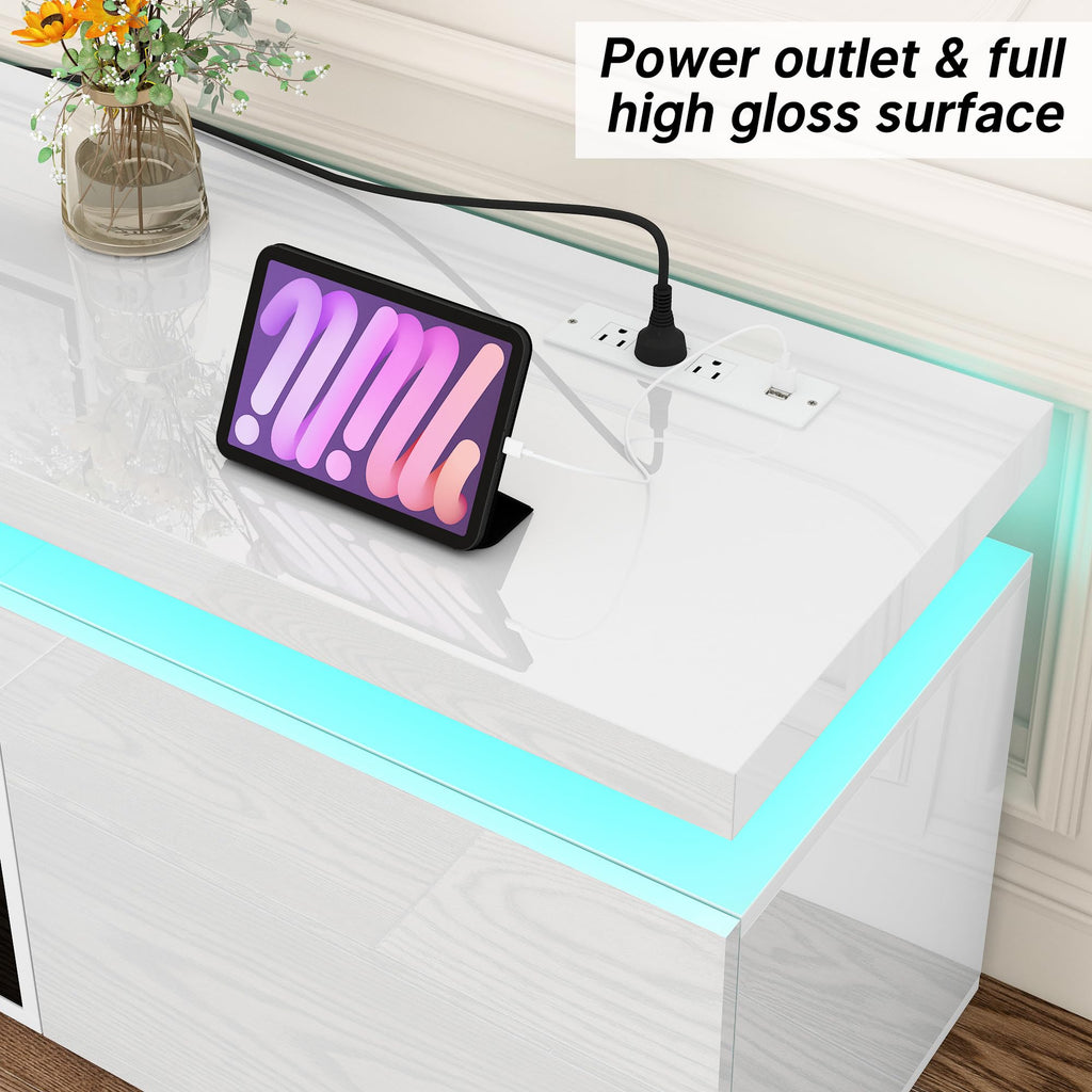 71Inch LED TV Stand for 80Inch TV, Modern TV Stand with Power Outlet, High Gloss TV Console Entertainment Center with