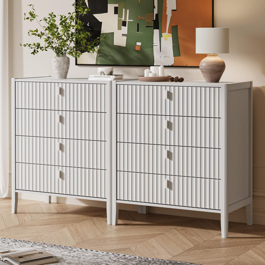 White 4 Drawer Dresser, Modern Chest of Drawers, Wood Fluted Dresser Organizer with Deep Drawers for Clothes