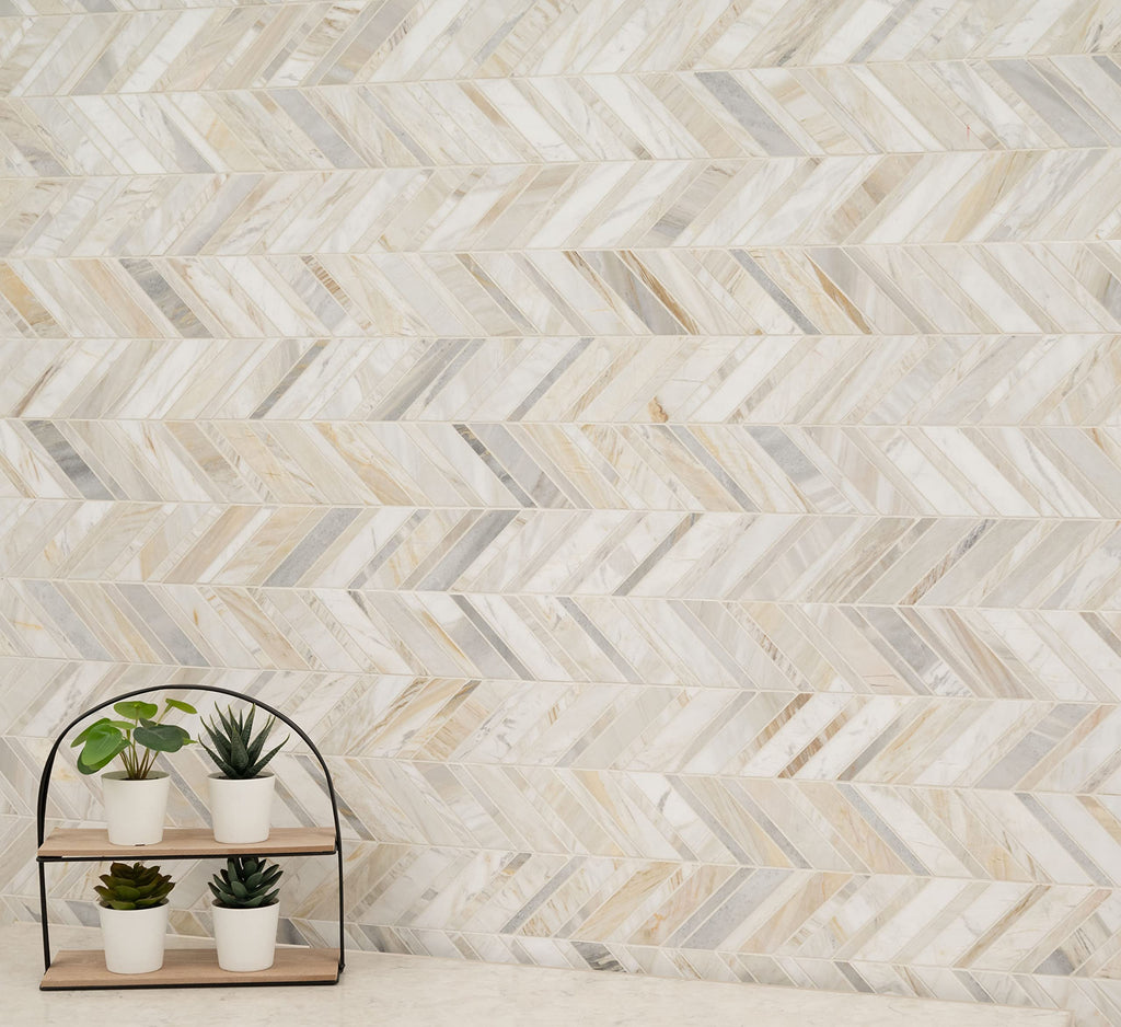 Mesh Mounted Marble Mosaic Tile | Athena Gold Chevron | 12" x 12"