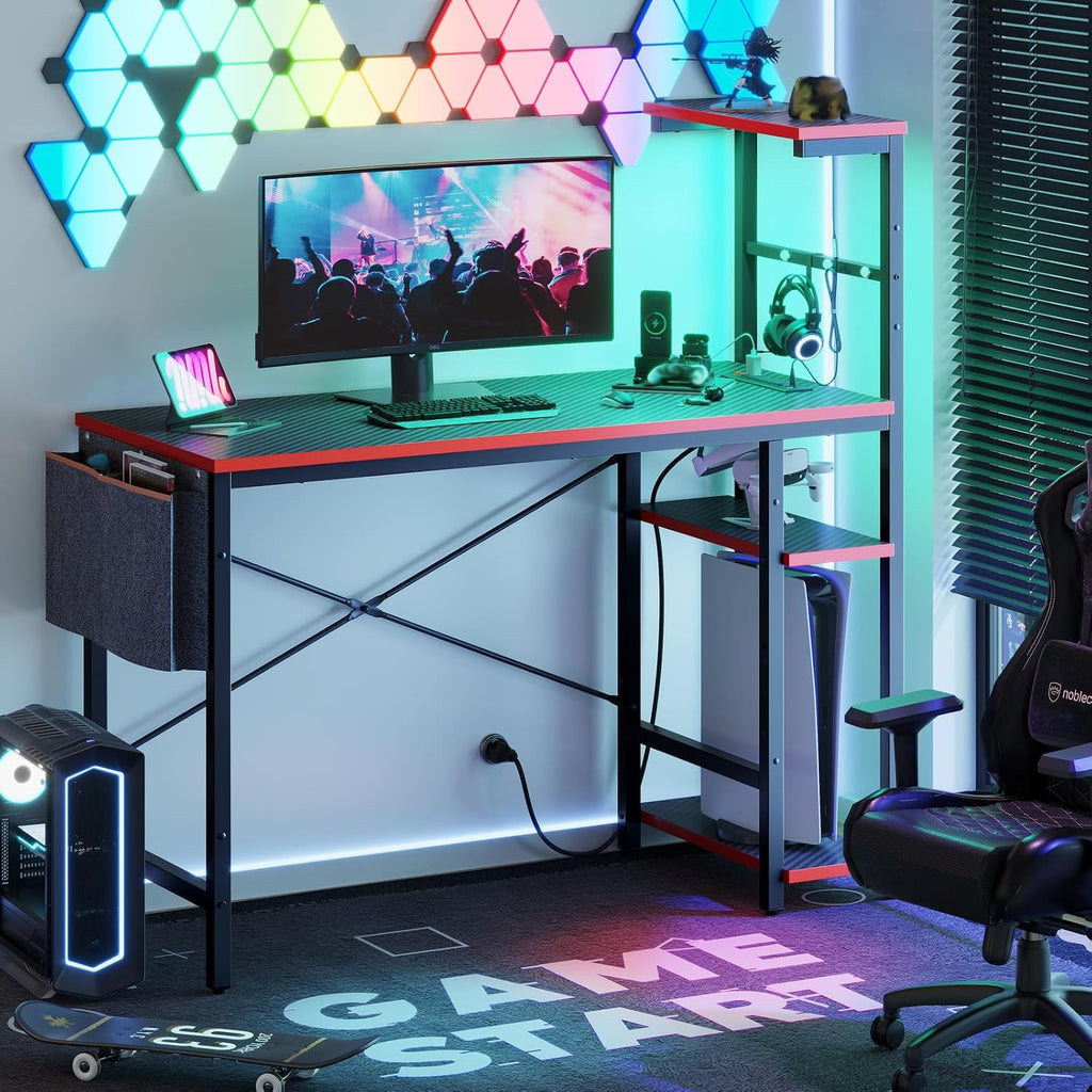 Gaming Desk with Power Outlets, 44 Inch Led Gamer Desk with 4 Tiers Reversible Shelves, PC Gaming Table with Headset