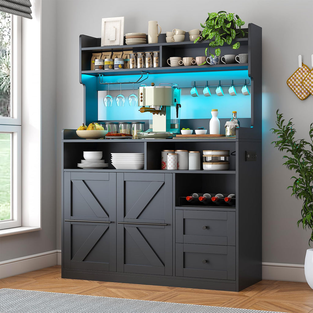 Hutch Storage Buffet Cabinet with Drawers, and Charging Station, Coffee Bar Cabinet with Barn Doors, Wine Rack and