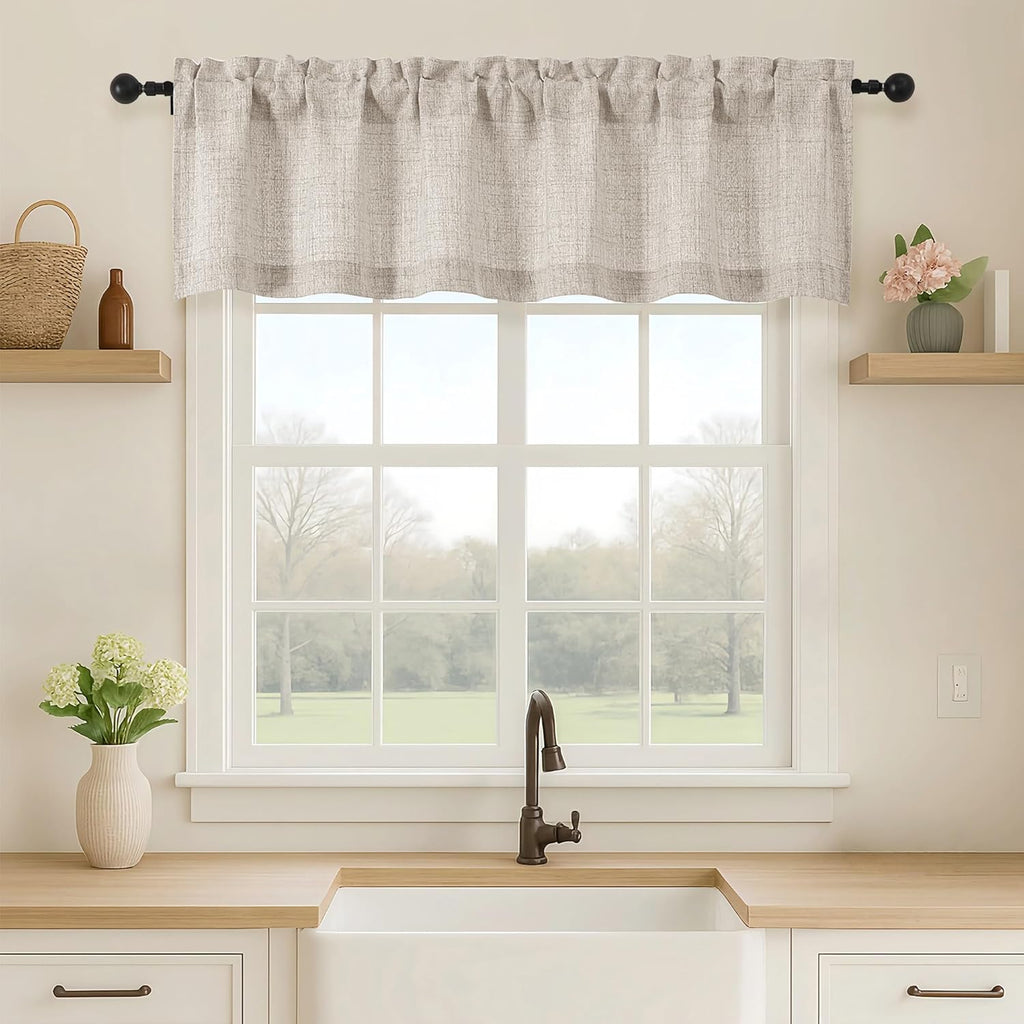 Valance for Windows, Light Filtering Faux Linen Textured Small Short Valance Kitchen Curtain, Dual Rod Pocket Top