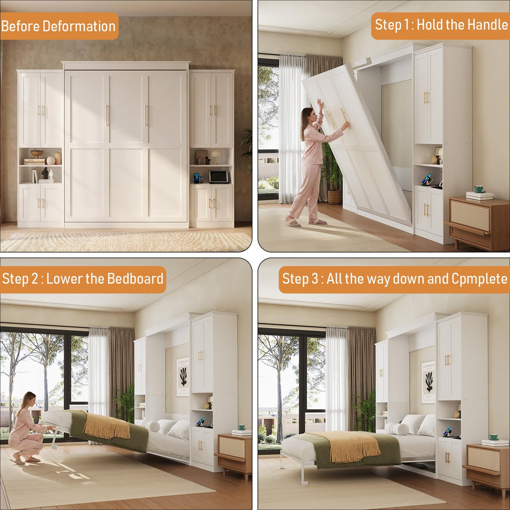 Murphy Bed Queen with 2 Storage Cabinets and USB Port, White