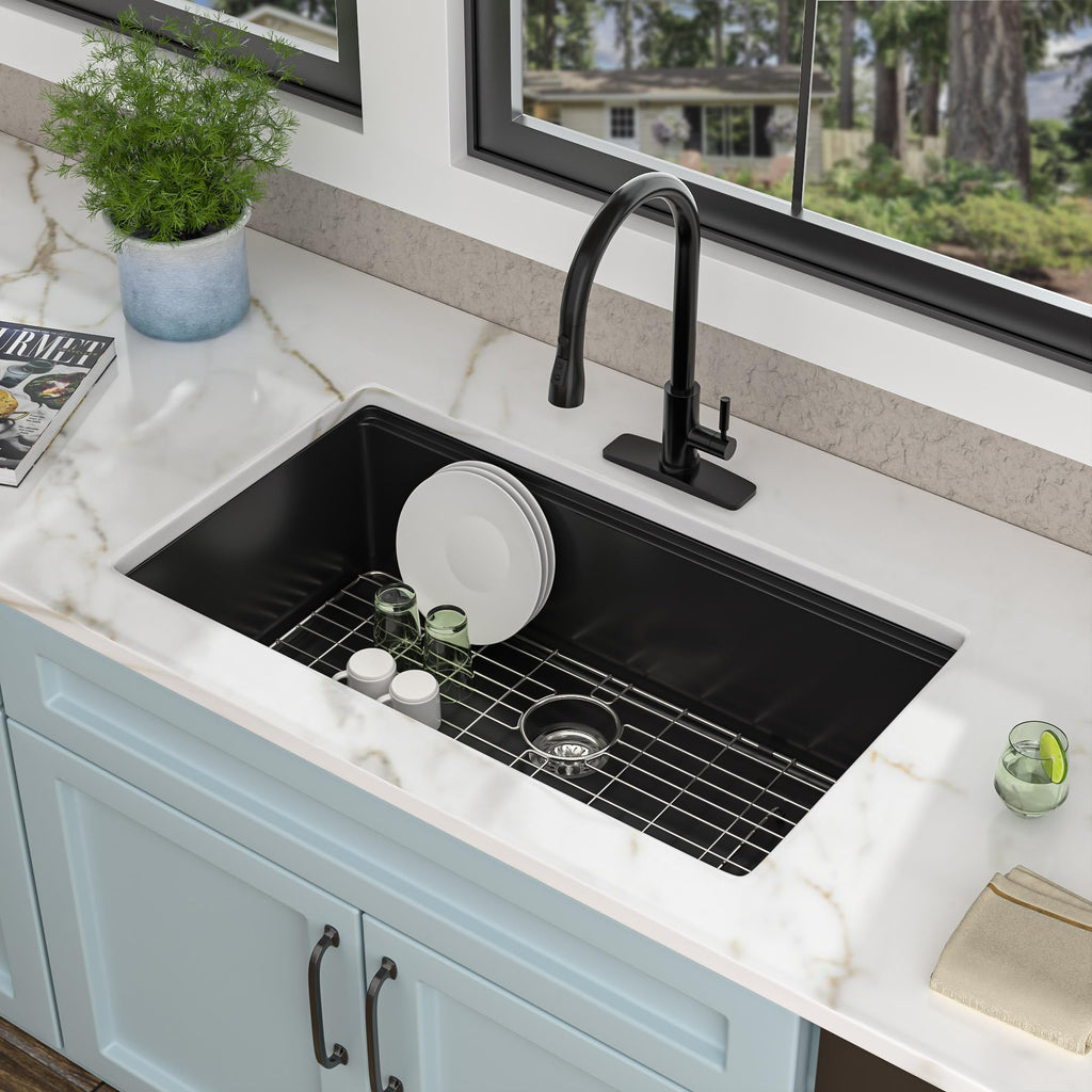 33"x19" Granite Composite - Undermount Ledge Workstation Matte Black Granite Quartz Classic Under Counter Single Bowl