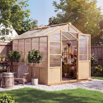 Large Wood Frame Greenhouse for Outdoor - Wooden Walk-in Greenhouse Kit with Polycarbonate Panels, Ventilated Window