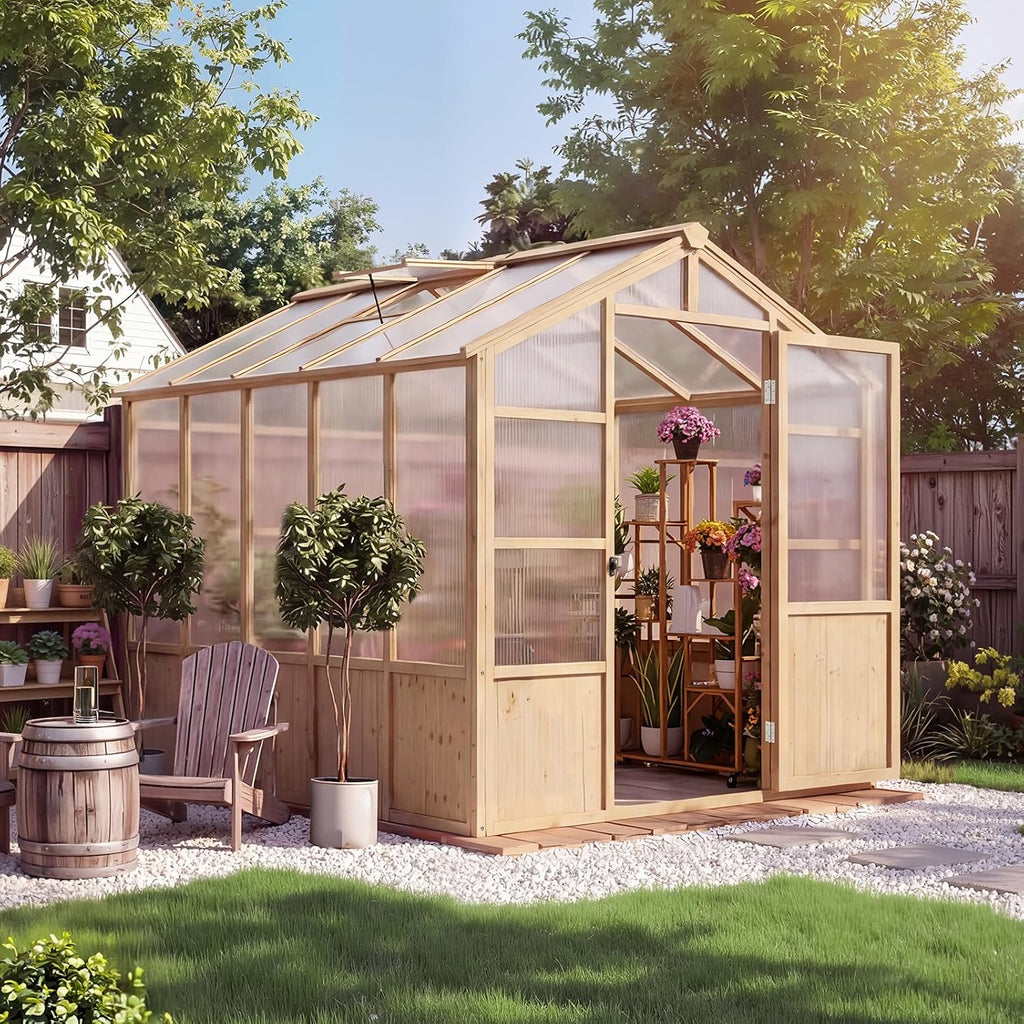 6'x10' Wooden Greenhouse for Outdoor, Large Walk-in Greenhouse Kit with Ventilated Window, Door & Polycarbonate