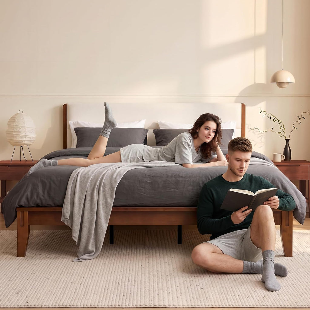 Japanese-Inspired Joinery Bed Frame with Upholstered Headboard