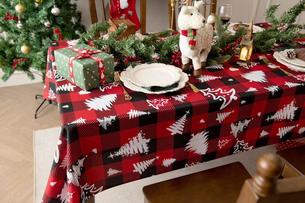 Waterproof Checkered Tablecloth Fabric - Rectangle 58x84 Inch Christmas Tree Table Cloth for Indoor/Outdoor Use