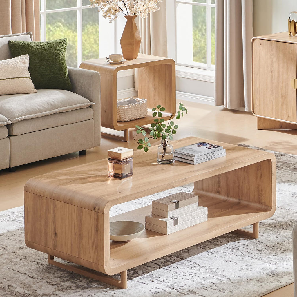 48" Modern Coffee Table, 2-Tier Curved Center Table, Natural Oak
