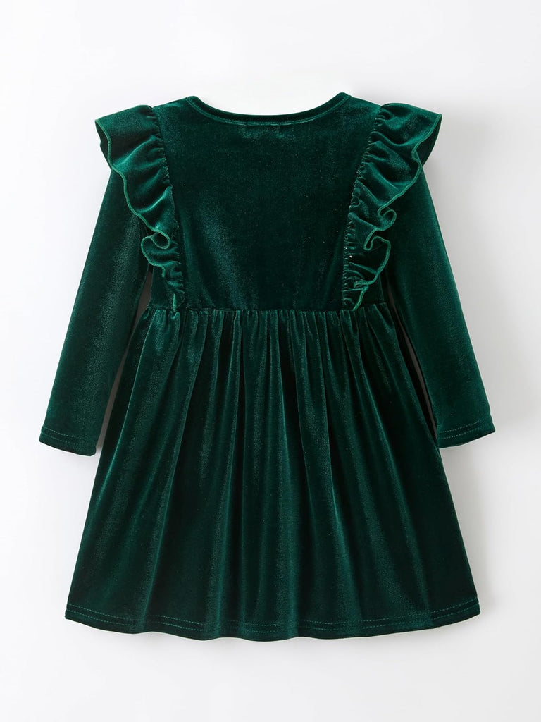 Velour Velvet Dress Long Sleeve Ruffle Party Dress Soft Stretch Fall Dress for Toddler Kids