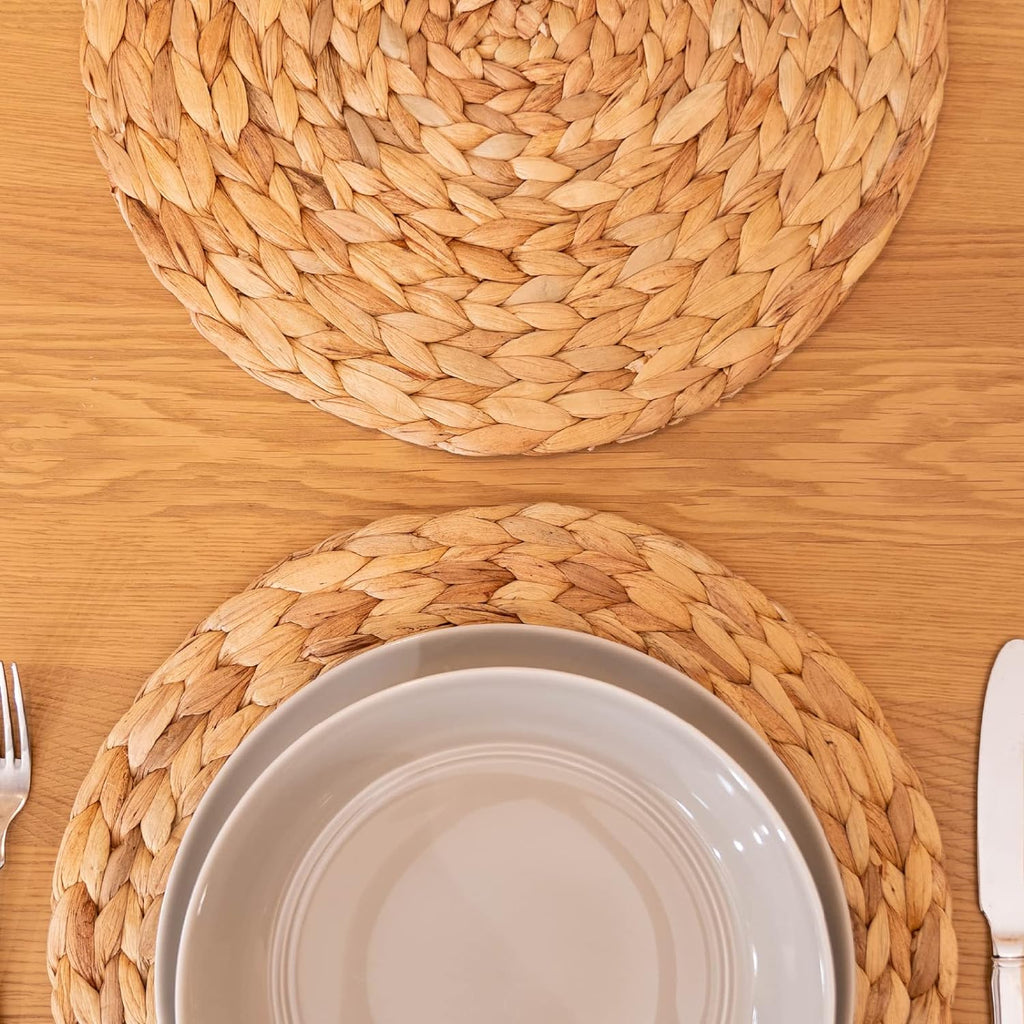 Round Woven Placemats Set of 4, Natural Water Hyacinth Place Mats, Boho Wicker Placemats, Table Mats for Dining Table