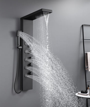 4-in-1 Rainfall Waterfall Shower Panel Tower System, Matte Black