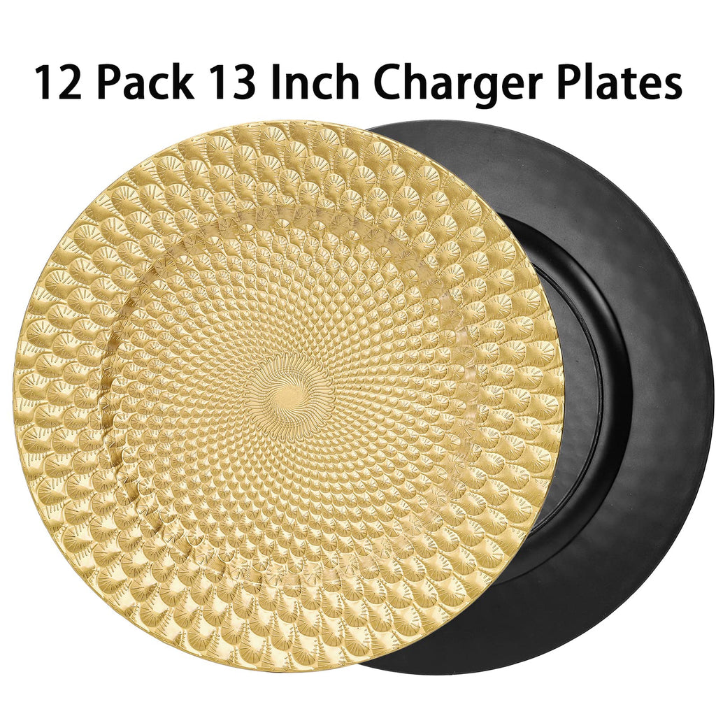 12 Pack, 13" Plastic Reusable Round Dinner Under Plates Bulk, Embossed Peacock Feather Elegant Service Charger for