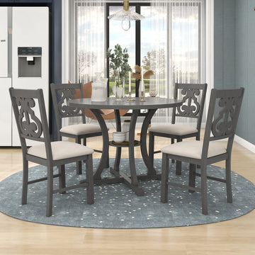 5 Piece Round Dining Table Set 4 Retro Chairs with Special-Shaped Table Legs, Exquisitely Designed Hollow Chair Back