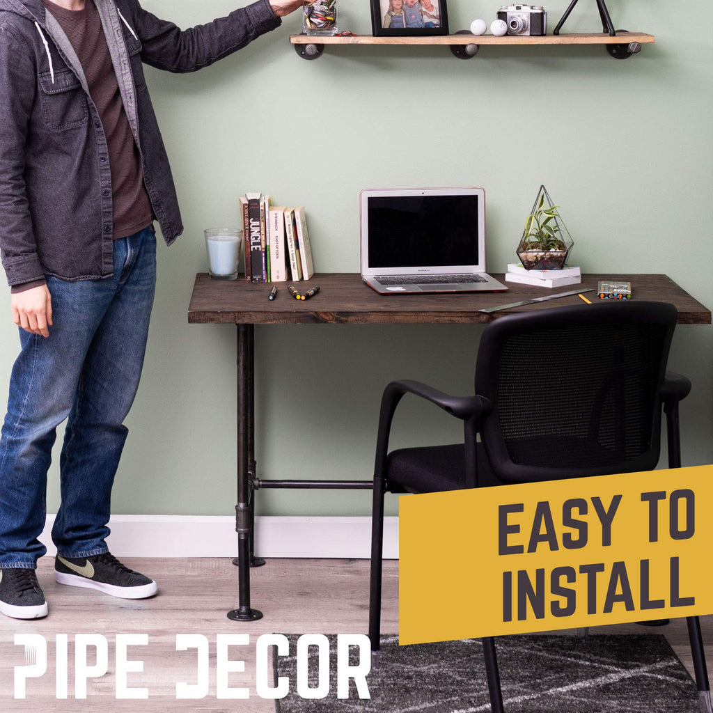 Industrial Pipe Desk Leg Set, Modern Home Office Table Writing or Computer Base Kit, Dark Grey Black Rough Pipes