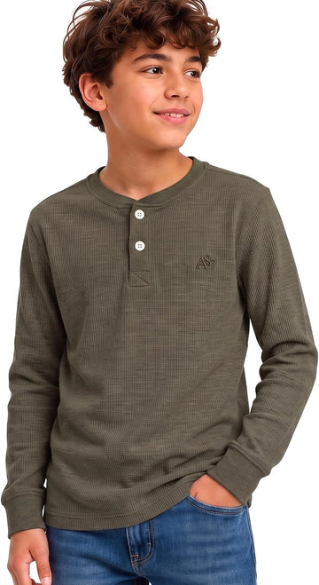 Boys Long Sleeve Thermal Henley, Fleece Waffle Knit
