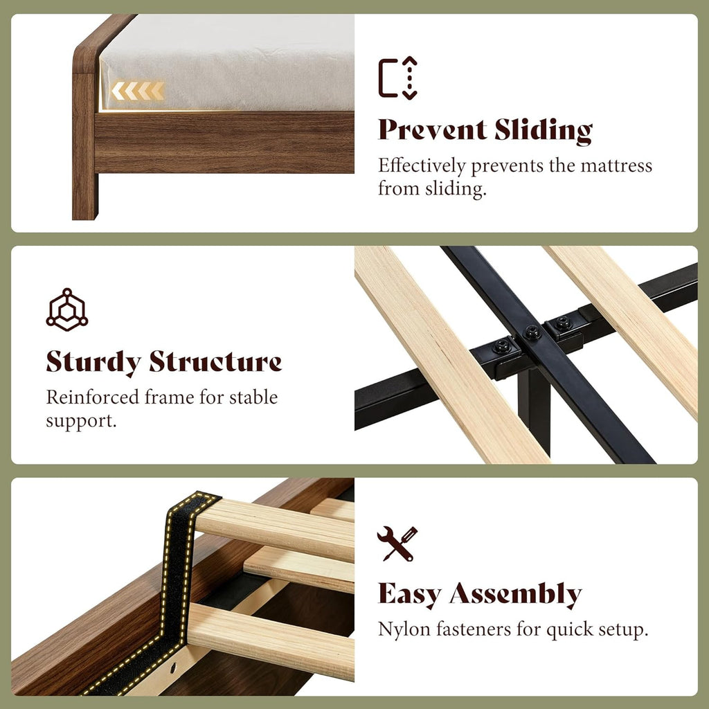 Wood Full Bed Frame with Headboard & Footboard, Modern Fluted Wooden Platform Bedframe with Rounded Safety Edges