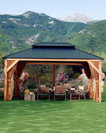 10x12 ft Hardtop Wood Gazebo for All Weather, Double Metal Roof, Heavy Duty Cedar Frame, Curtains & Netting