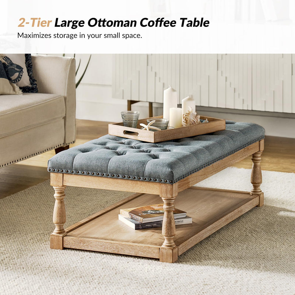Storage Tufted Ottoman Coffee Table with Solid Wood Legs, Blue
