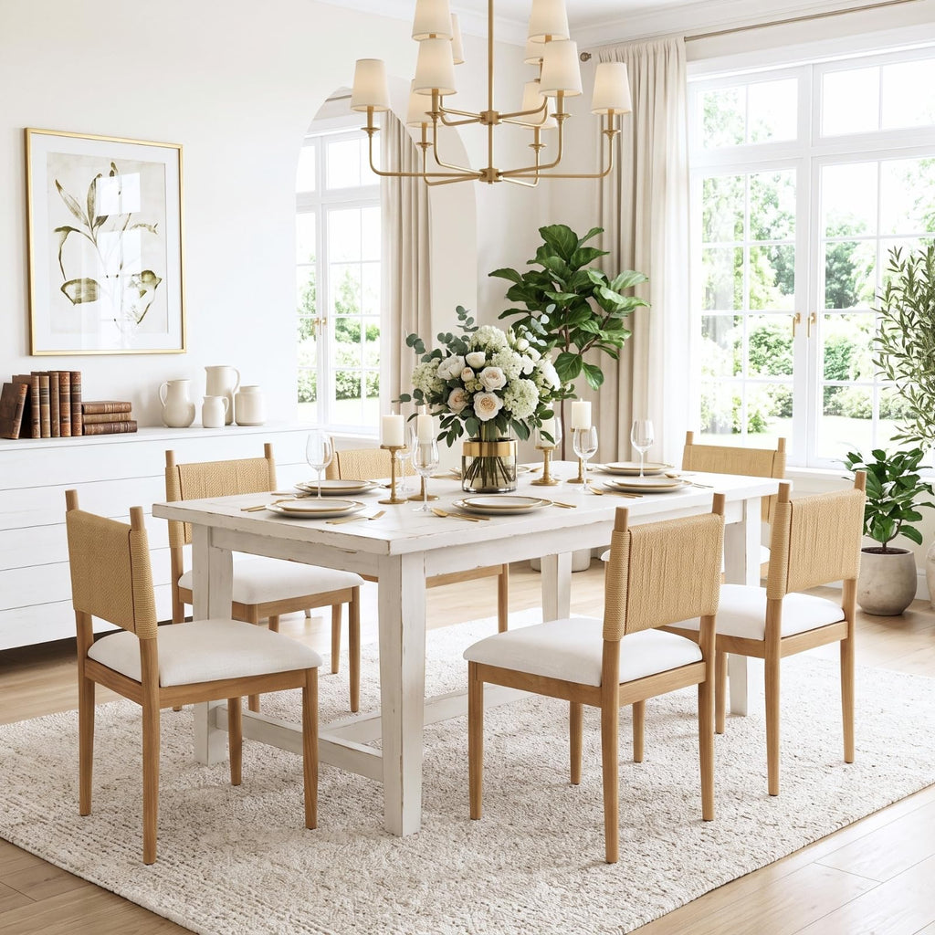 Modern Coastal Woven Dining Chairs Set of 4, Natural Oak Wood
