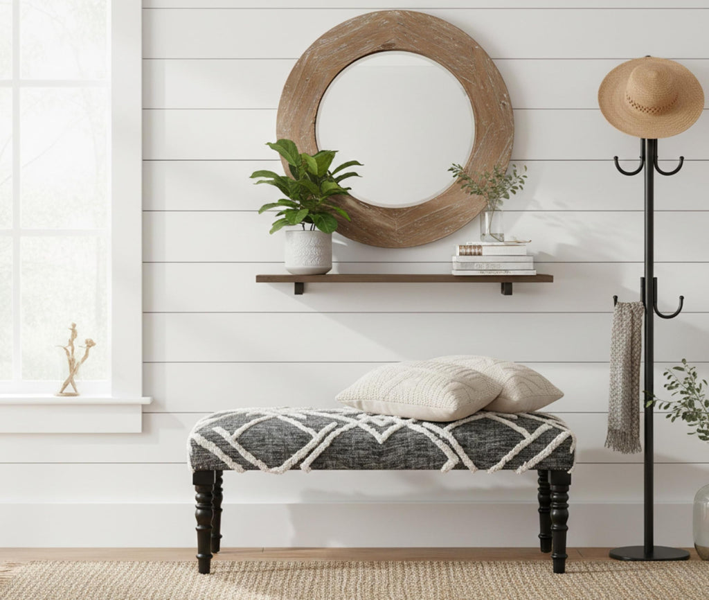 LR Home Black/White Farmhouse Striped Accent Bench | Upholstered Seating, or Entryway | 47" D x 16" W x 18" H