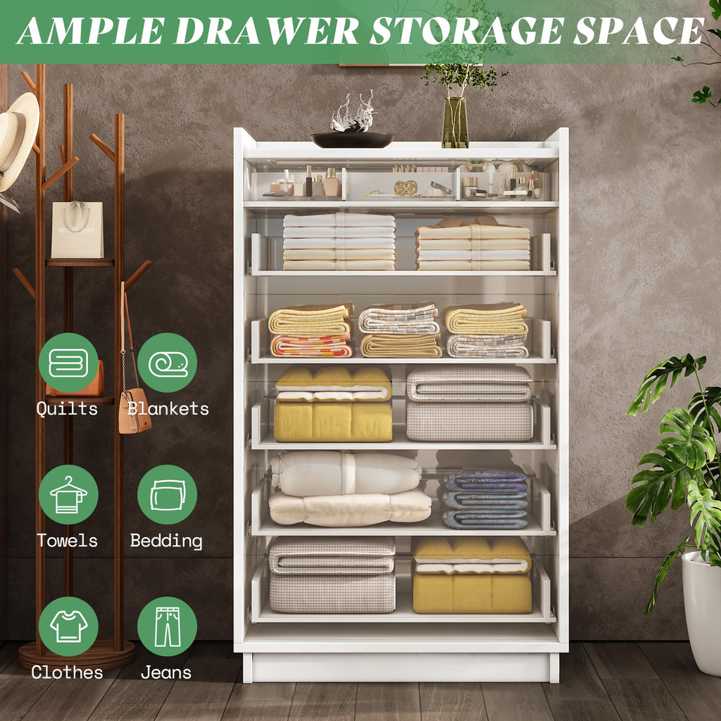 50.2" H 5-Drawer Dresser with Glass Top, High Gloss, White