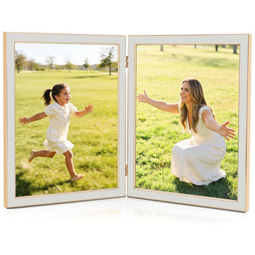 8x10 Double Picture Frame with White Enamel Finish, Gold Edge Metal Hinged Photo Frames, Real Glass Front Velvet