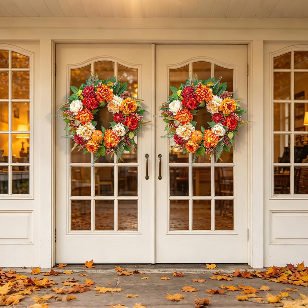 24 InchFall Wreaths for Front Door Autumn Wreath with Peony, Pumpkins