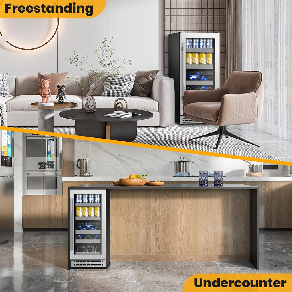 15 Inch Wine and Beverage Refrigerator,13 Bottle & 48 Cans Dual Zone Beverage Fr