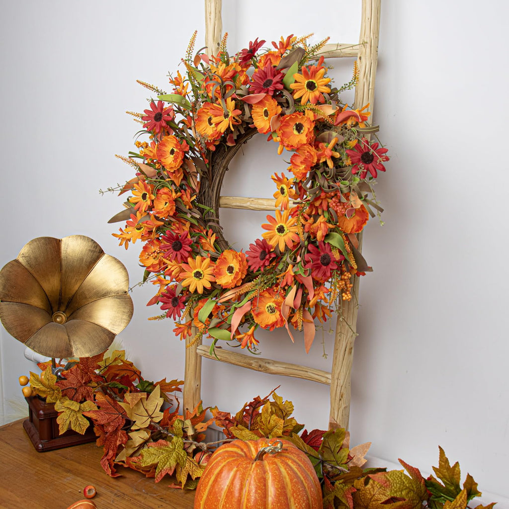 Artificial Fall Wreath 22 Inch Autumn Wreaths for Front Door Orange Daisy Wreath with Wildflowers Berries for Indoor