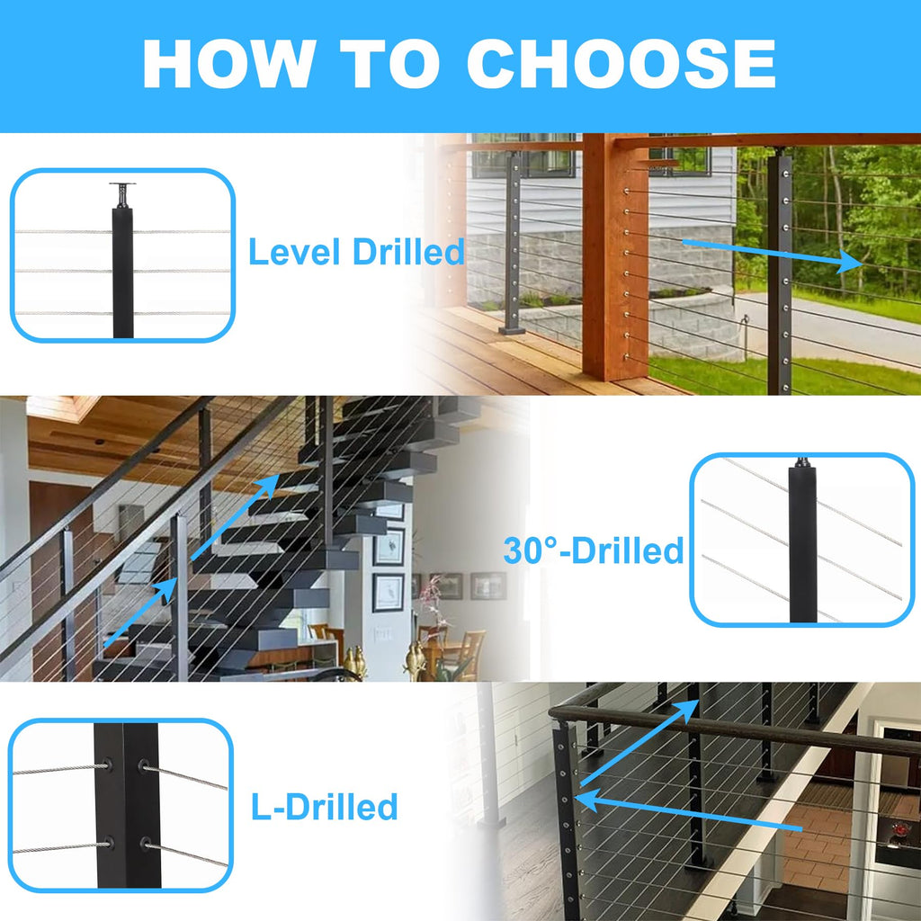 36" Corner Post L-Drilled Cable Railing Post Fixed Top