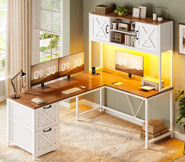 Reversible Farmhouse L Shaped Computer Desk with Drawers, Hutch