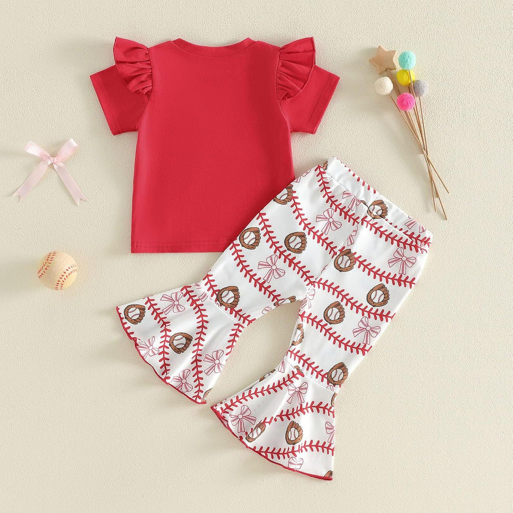 Toddler Baby Girl Baseball Outfits Short Flutter Sleeves T-Shirt Pullover Tops Stripes Bows Flared Pants 2Pcs Clothes